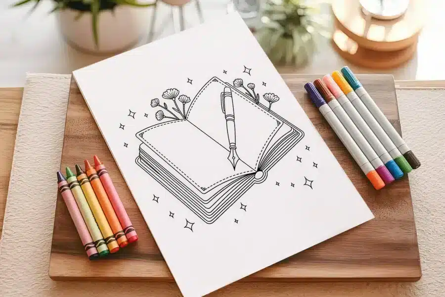 A Coloring Page Depicting An Open Book With A Fountain Pen And Flowers.