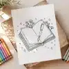 Line Drawing Of An Open Book With A Fountain Pen Resting On The Pages And Flowers Sprouting From The Pages.