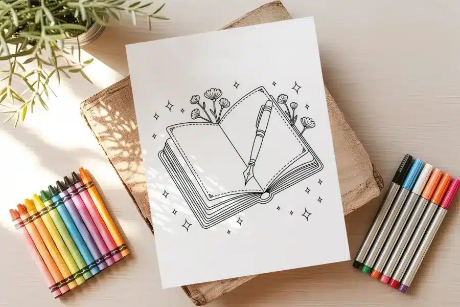 Line Drawing Of An Open Book With A Fountain Pen Resting On The Pages And Flowers Sprouting From The Pages.