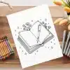 Line Drawing Of An Open Book With A Fountain Pen And Flowers.