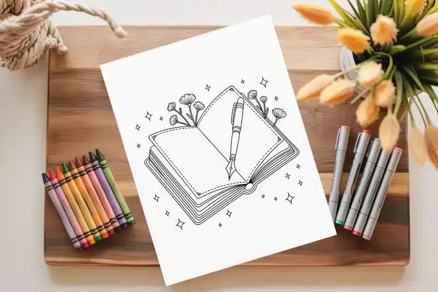 Line Drawing Of An Open Book With A Fountain Pen And Flowers.