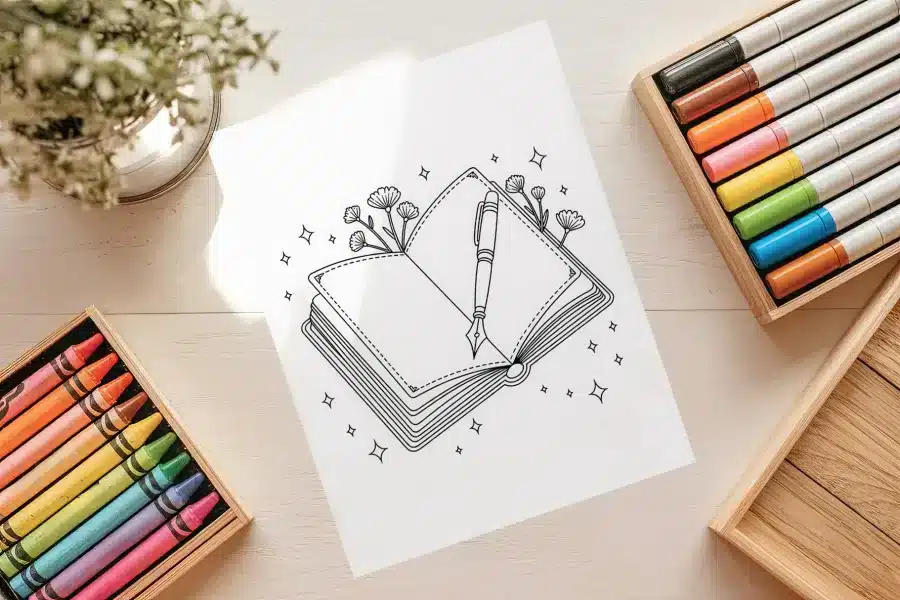 Free Magical Journal Coloring Page - printable adult coloring sheet with flowers and stars