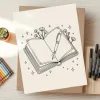Line Drawing Of An Open Book With A Fountain Pen Resting On The Pages, Adorned With Small Flowers And Sparkles.