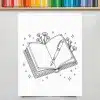 Line Drawing Of An Open Book With A Fountain Pen Resting On Its Pages, Adorned With Small Flowers And Stars.