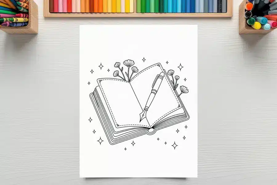 Line Drawing Of An Open Book With A Fountain Pen Resting On Its Pages, Adorned With Small Flowers And Stars.