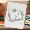 Line Drawing Of An Open Book With A Fountain Pen And Flowers On A Piece Of Paper.