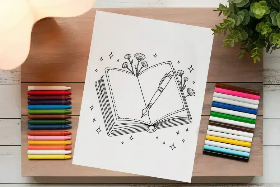 Line Drawing Of An Open Book With A Fountain Pen And Flowers On A Piece Of Paper.