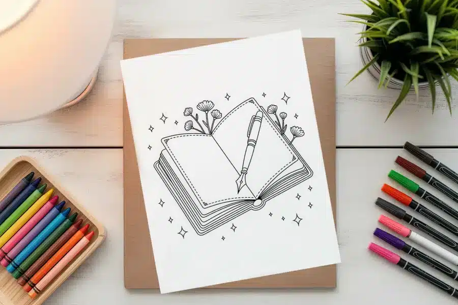 Line Drawing Of An Open Book With A Fountain Pen Resting On The Pages, Surrounded By Small Flowers And Stars.