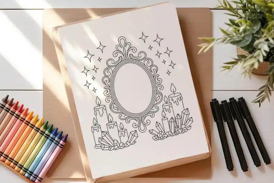 Free Magical Mirror Coloring Page - printable adult coloring sheet with ornate mirror design