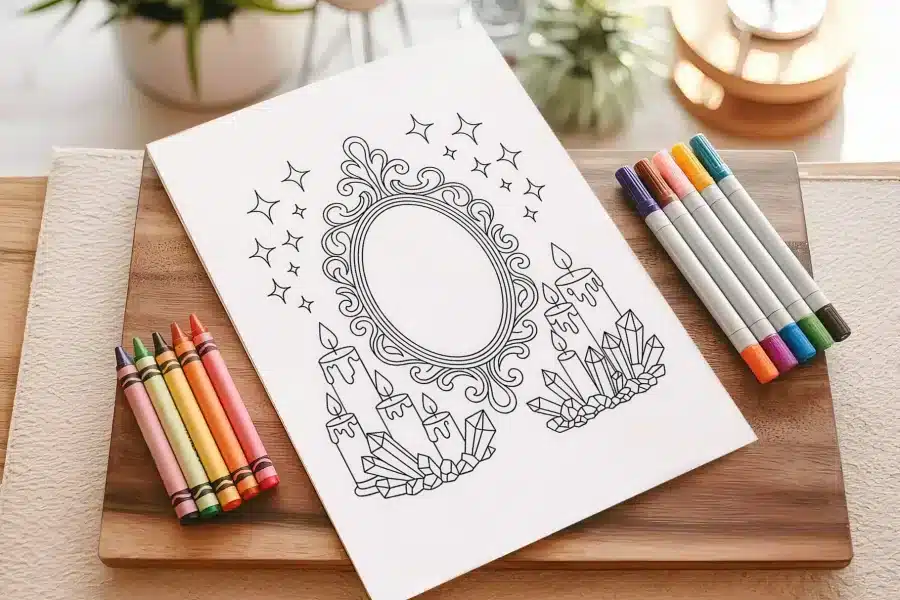 A Coloring Page Featuring An Ornate Mirror Surrounded By Candles And Crystals.