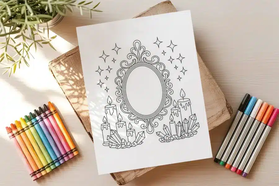 A Coloring Page Featuring An Ornate Mirror Surrounded By Candles And Crystals.
