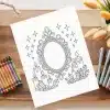 Coloring Page Featuring An Ornate Mirror Surrounded By Candles And Crystals.