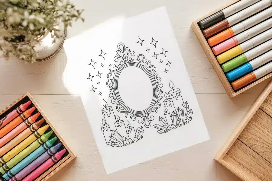 A Coloring Page Featuring An Ornate Mirror Surrounded By Candles And Crystals.