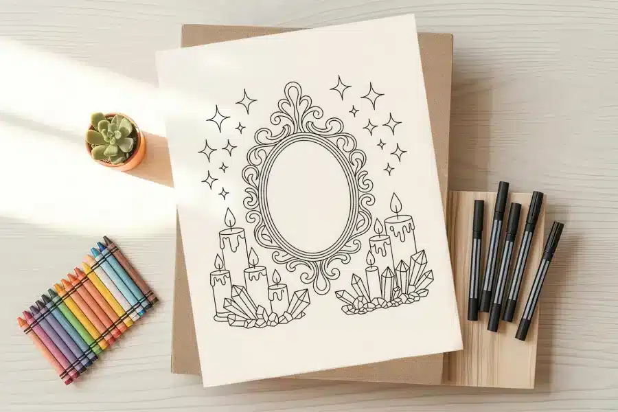 A coloring page featuring an ornate mirror surrounded by candles and crystals.