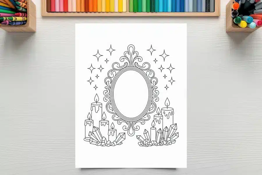 Coloring Page Featuring An Ornate Mirror Surrounded By Candles And Crystals.