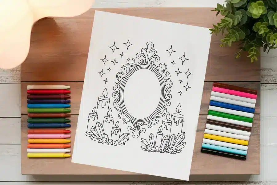 A Coloring Page Featuring An Ornate Mirror Surrounded By Candles And Crystals.