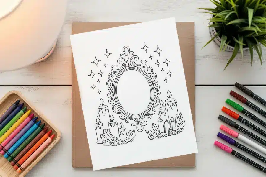 Coloring Page Depicting An Ornate Mirror Surrounded By Candles And Crystals.