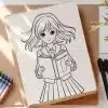 Line Drawing Of An Anime Girl In A School Uniform Holding A Book.
