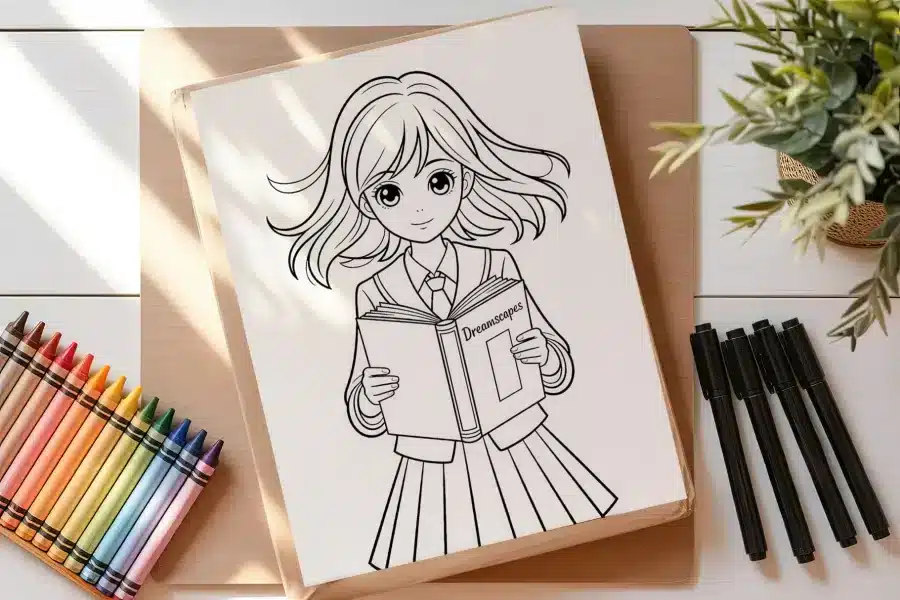 Line Drawing Of An Anime Girl In A School Uniform Holding A Book.