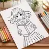 Line Drawing Of An Anime Schoolgirl Holding A Book.