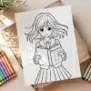 Line Drawing Of An Anime-Style Girl In A School Uniform Holding A Book.