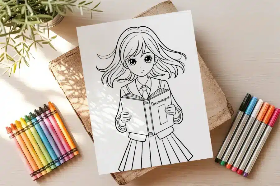 Line Drawing Of An Anime-Style Girl In A School Uniform Holding A Book.