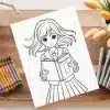 Line Drawing Of An Anime Girl In A School Uniform Holding A Book.
