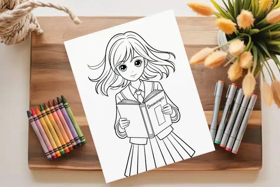 Line Drawing Of An Anime Girl In A School Uniform Holding A Book.