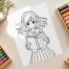 Line Drawing Of A Girl In A School Uniform Holding A Book.