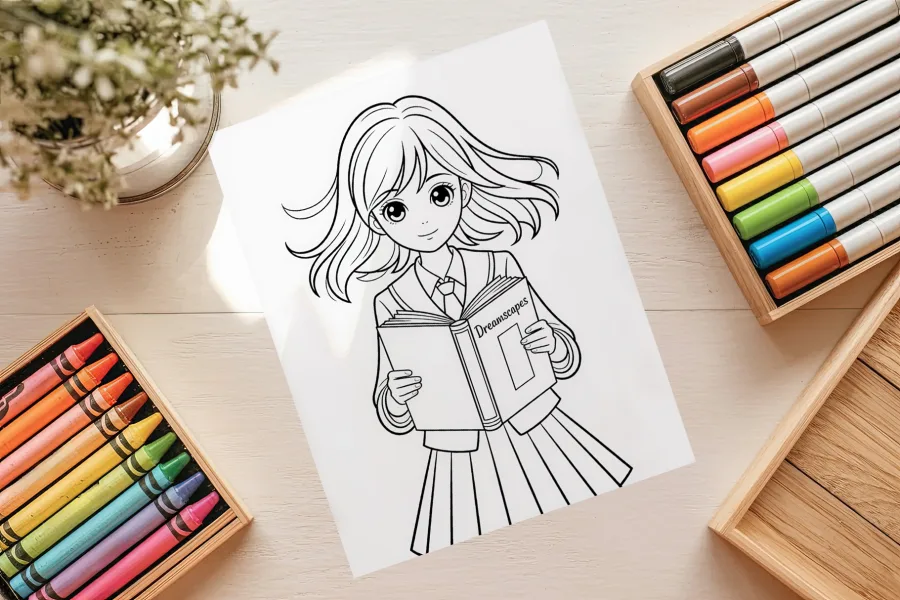 Line Drawing Of A Girl In A School Uniform Holding A Book.