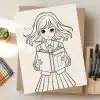 Line Drawing Of An Anime Schoolgirl Holding A Book.
