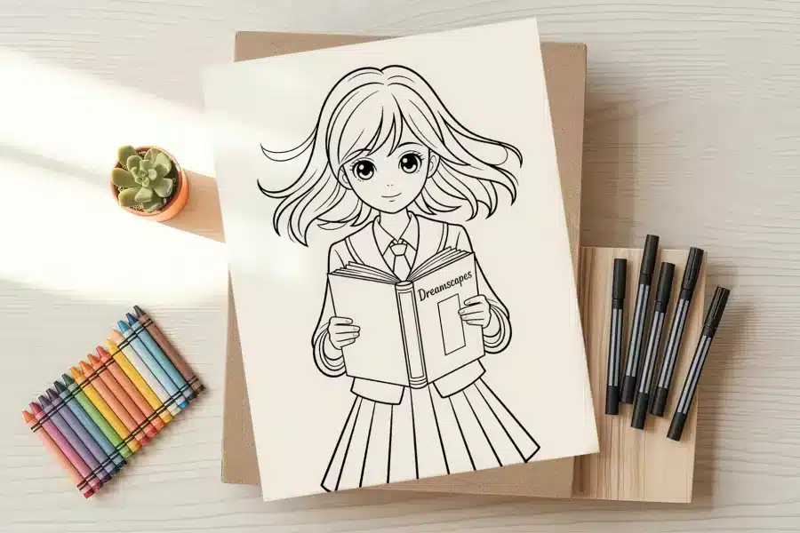 Line drawing of an anime schoolgirl holding a book.