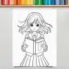 Line Drawing Of A Girl In A School Uniform Holding A Book Titled Dreamscapes.