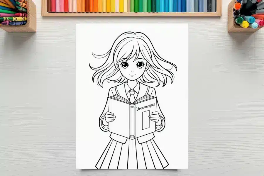 Line Drawing Of A Girl In A School Uniform Holding A Book Titled Dreamscapes.