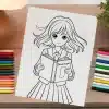 Line Drawing Of An Anime Schoolgirl Holding A Book.