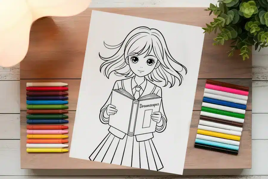 Line Drawing Of An Anime Schoolgirl Holding A Book.