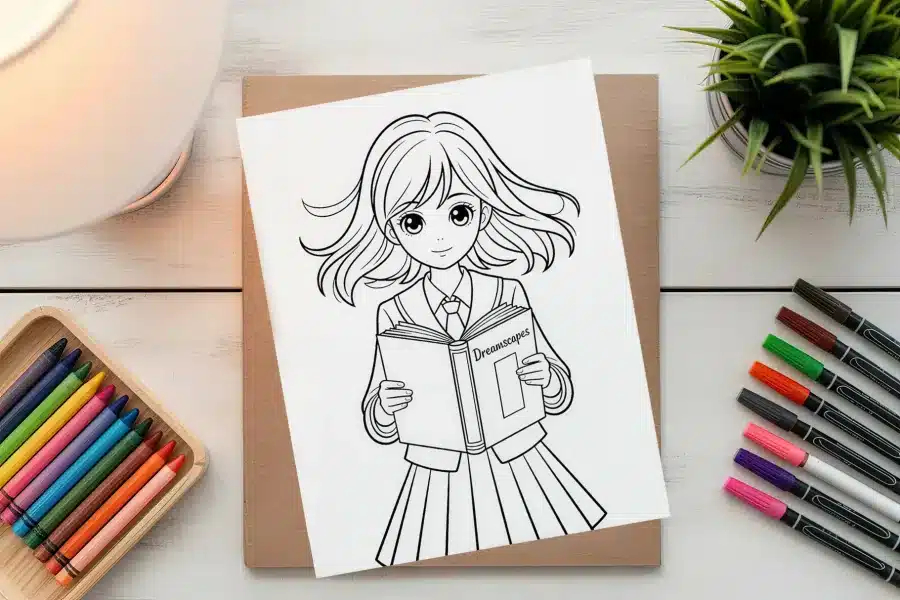 Free Manga Girl Reading Coloring Page - printable adult coloring sheet of anime girl with book