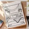 Line Drawing Of A Cozy Bedroom With A Bed, Nightstand, Plants, And String Lights.