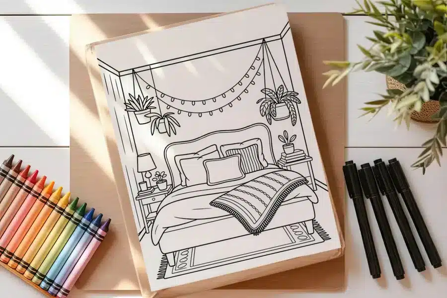 Line Drawing Of A Cozy Bedroom With A Bed, Nightstand, Plants, And String Lights.
