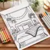 A Coloring Page Depicting A Cozy Bedroom With A Bed, Nightstand, Plants, And String Lights.