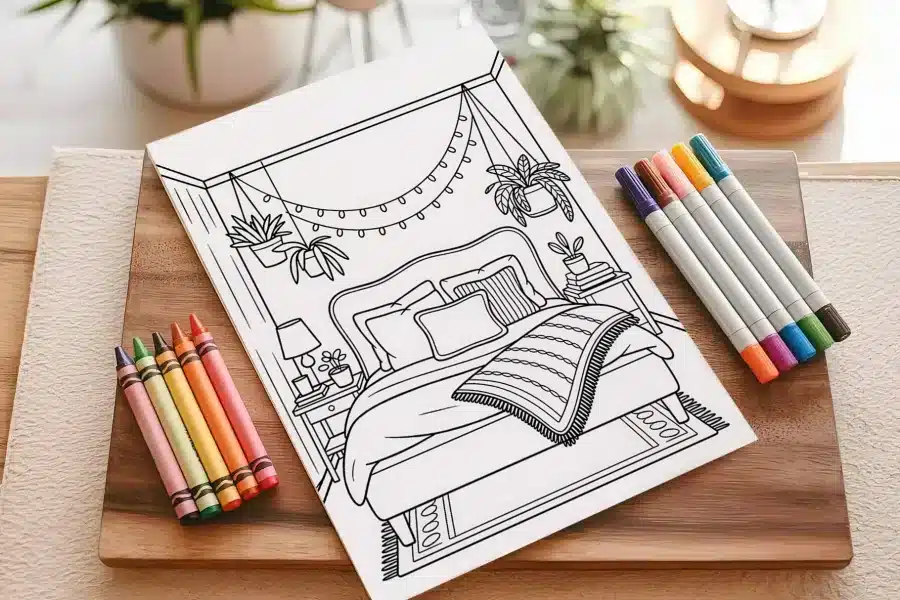 A Coloring Page Depicting A Cozy Bedroom With A Bed, Nightstand, Plants, And String Lights.
