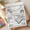Line Drawing Of A Cozy Bedroom With A Bed, Nightstand, Plants, And String Lights.