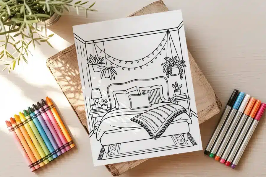 Line Drawing Of A Cozy Bedroom With A Bed, Nightstand, Plants, And String Lights.