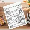 Line Drawing Of A Cozy Bedroom With A Bed, Plants, And String Lights.