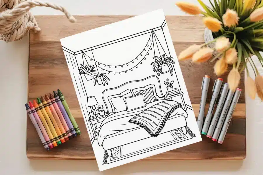 Line Drawing Of A Cozy Bedroom With A Bed, Plants, And String Lights.