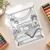 Line Drawing Of A Cozy Bedroom Scene Featuring A Bed With Pillows And A Blanket, Bedside Table, Hanging Plants, And String Lights.