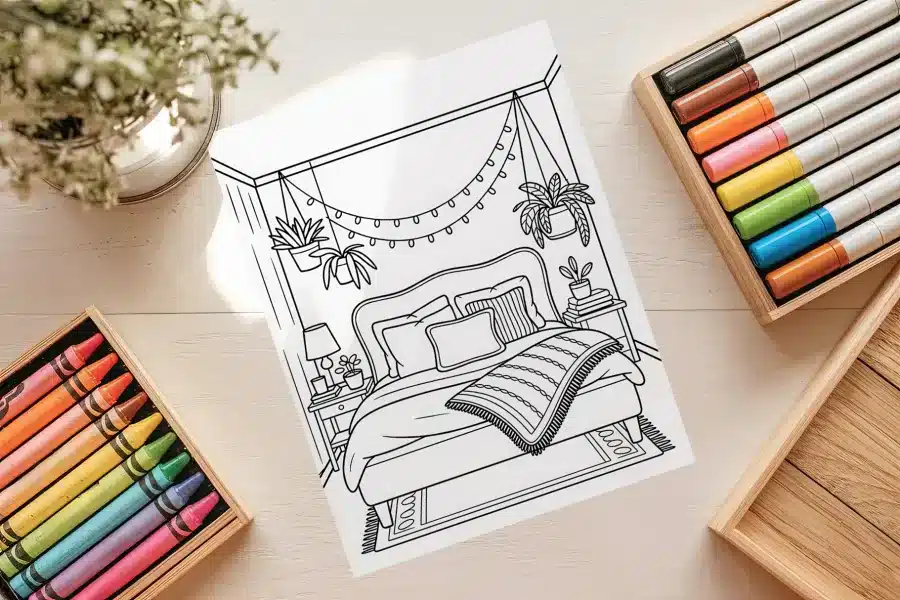 Line Drawing Of A Cozy Bedroom Scene Featuring A Bed With Pillows And A Blanket, Bedside Table, Hanging Plants, And String Lights.