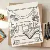 Line Drawing Of A Cozy Bedroom With A Bed, Nightstand, And Hanging Plants.