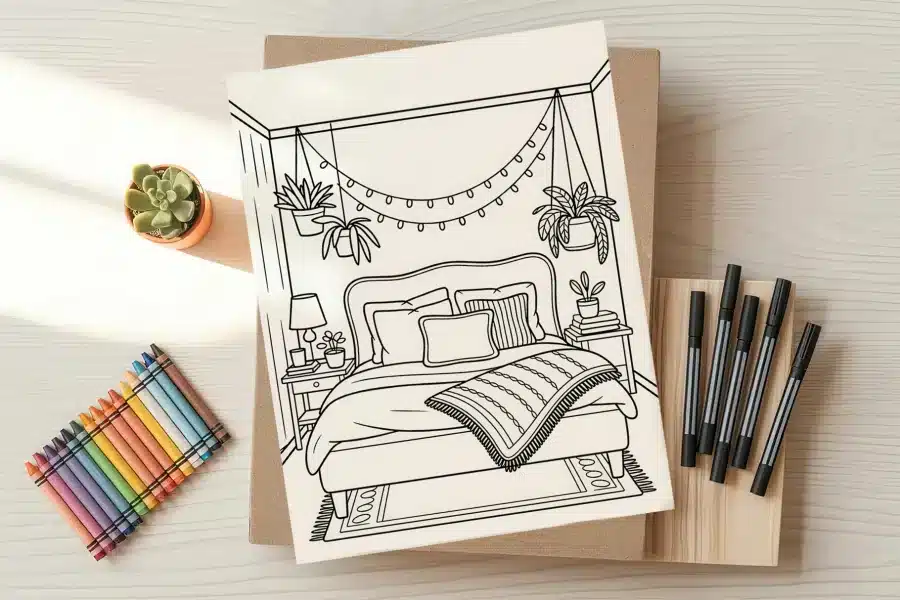 Line drawing of a cozy bedroom with a bed, nightstand, and hanging plants.