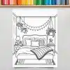 Line Drawing Of A Cozy Bedroom With A Bed, Nightstands, Hanging Plants, And String Lights.